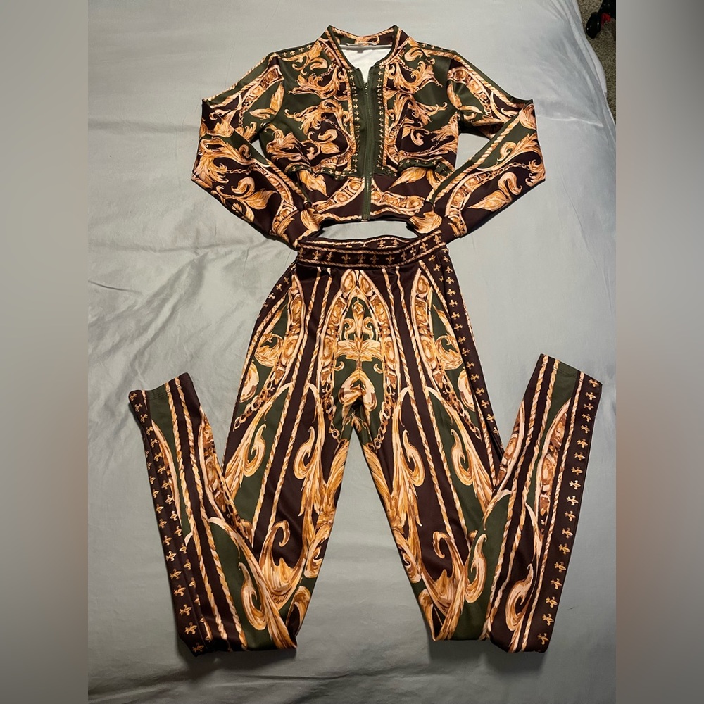 Two piece top and pant set.